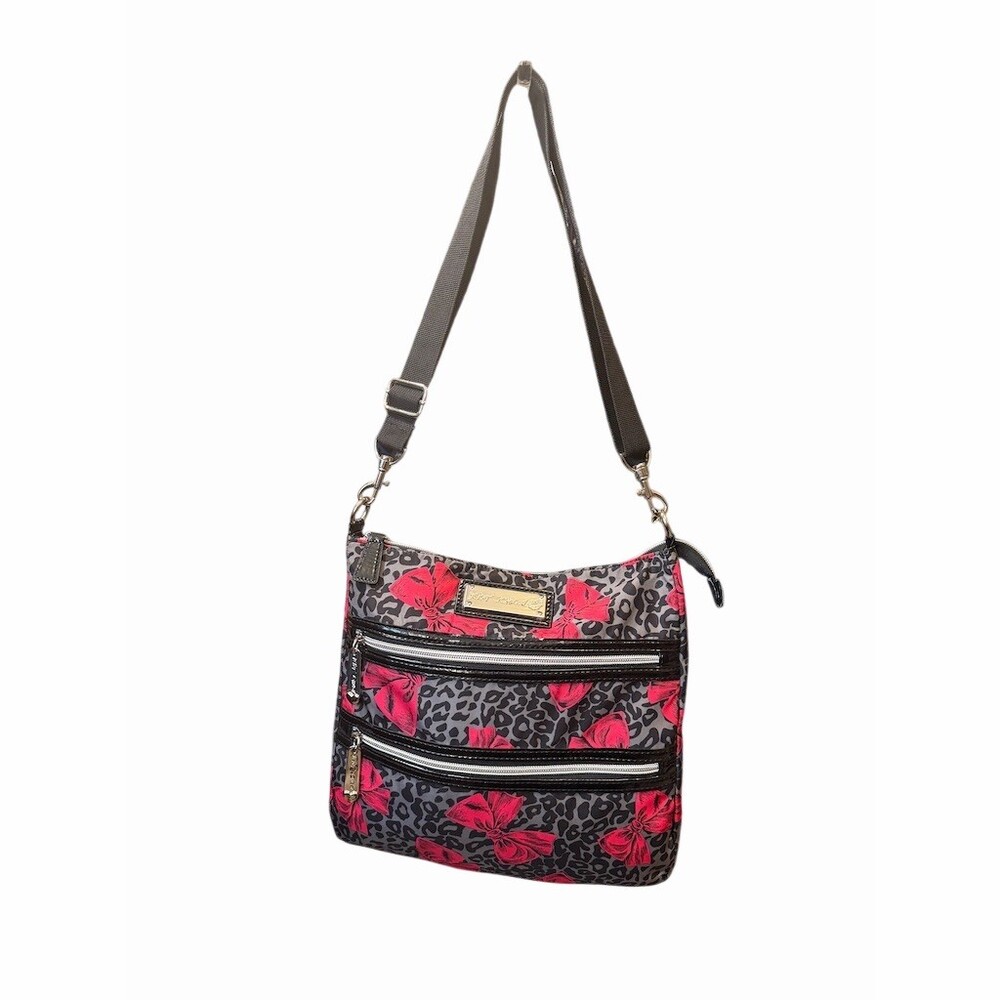 Betsey Johnson Crossbody Bag in Gray And Black Leopard And Pink Bows